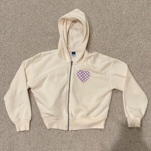 Old Navy Cream Hoodie with Purple Checkered Heart